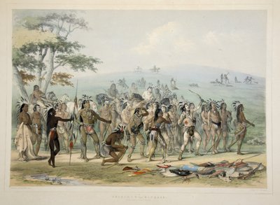 Bogenschießen der Mandan, aus Catlins Nordamerikanisches Indianer-Portfolio. Jagdszenen und Vergnügungen der Rocky Mountains und Prärien Amerikas, veröffentlicht 1845 von George Catlin